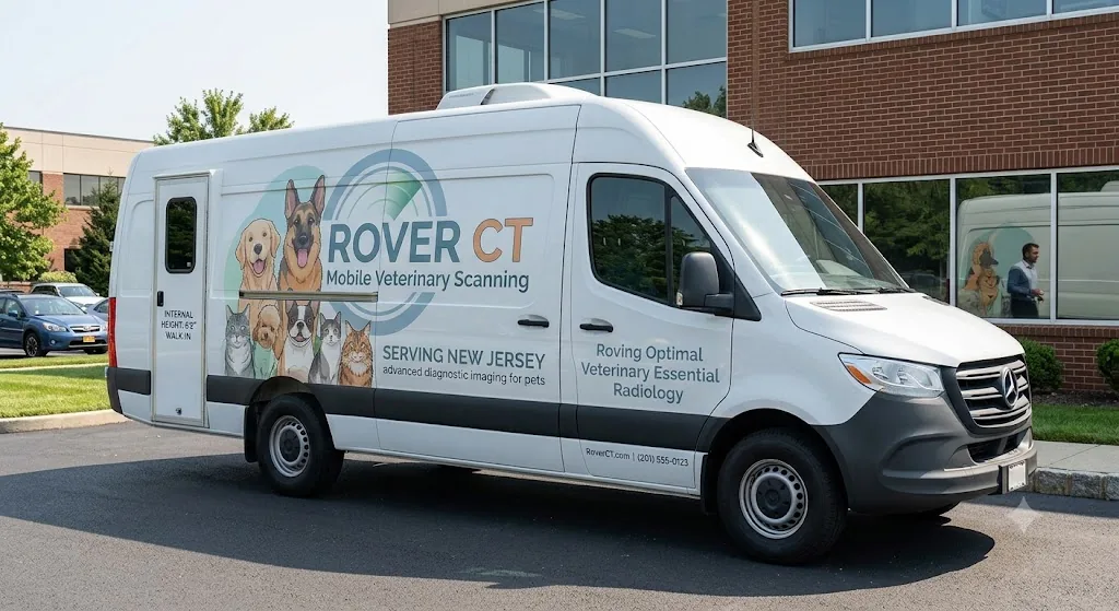 The Rover CT van, branded for mobile veterinary scanning, parked outside a veterinary practice