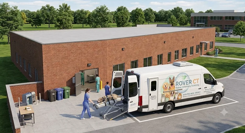 The Rover CT van parked at a veterinary practice with the rear ramp down and a dog being wheeled aboard